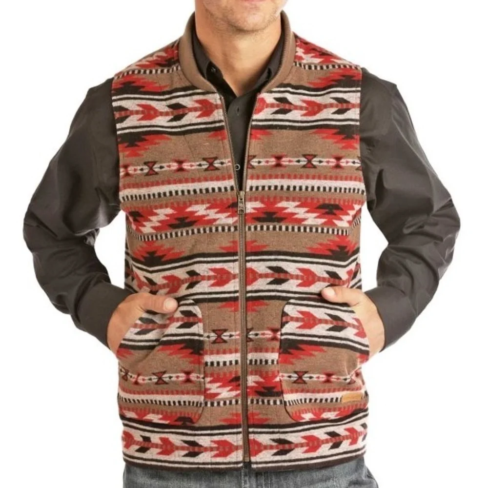 Panhandle Slim Powder River Outfitters Southwestern Jacquard Red Aztec Vest XL